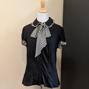 Hell Bunny Leslie Black Blouse XS Stripe Bow Puff Sleeve Retro Top NWT